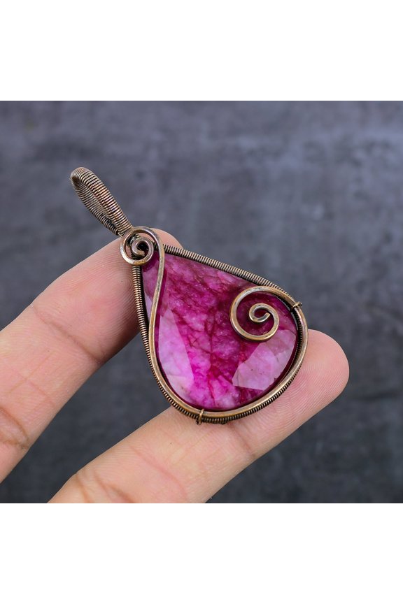 Ruby(Simulated) Gemstone Copper Wire Wrap Jewelry Pendant 2.52"