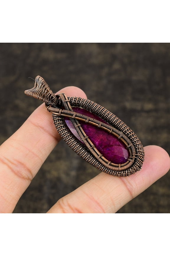 Ruby(Simulated) Gemstone Copper Wire Wrap Jewelry Pendant 2.64"