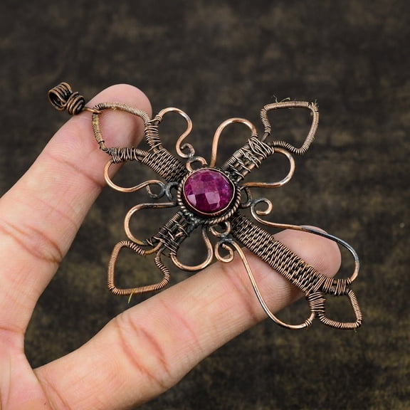 Ruby(Simulated) Gemstone Copper Wire Wrap Jewelry Pendant 4.14"