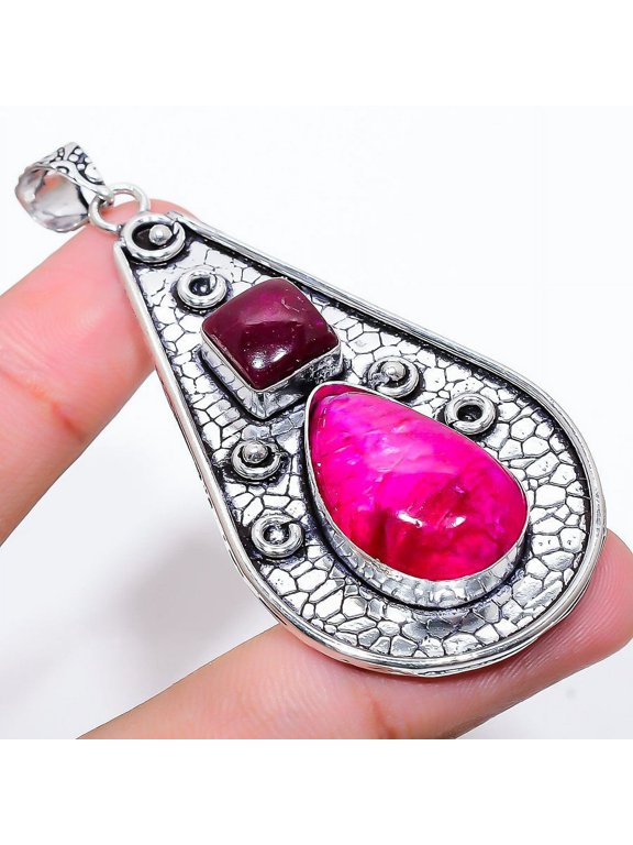 Ruby(Simulated) Gemstone Handmade 925 Sterling Silver Pendant 2.84"