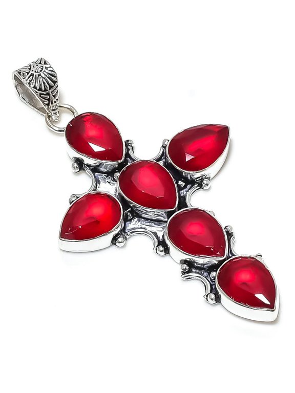 Ruby(Simulated) Gemstone Handmade 925 Sterling Silver Pendant 3.07"