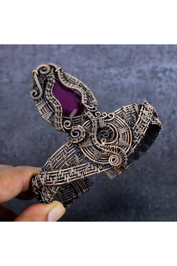 Ruby(Simulated) Gesmtone Copper Wire Wrap Cuff Bangle Adjustable