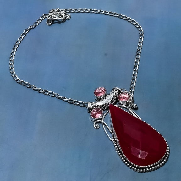 Ruby(Simulated) Kunzite Gemstone 925 Sterling Silver Jewelry Necklace 18"