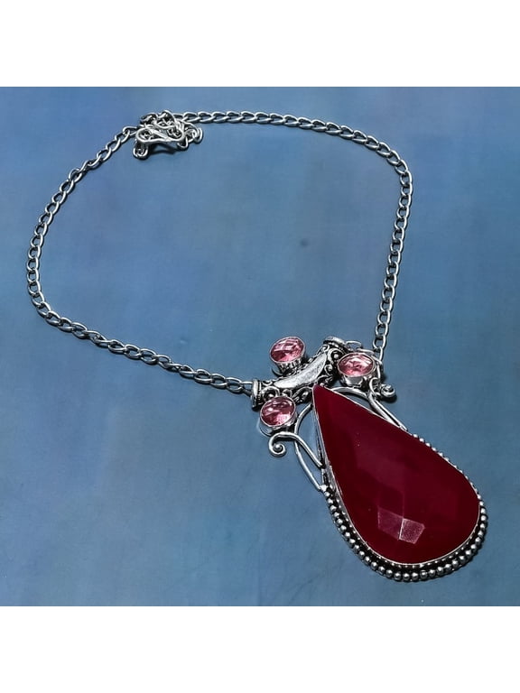 Ruby(Simulated) Kunzite Gemstone 925 Sterling Silver Jewelry Necklace 18"