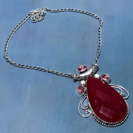 Ruby(Simulated) Kunzite Gemstone 925 Sterling Silver Jewelry Necklace 18"