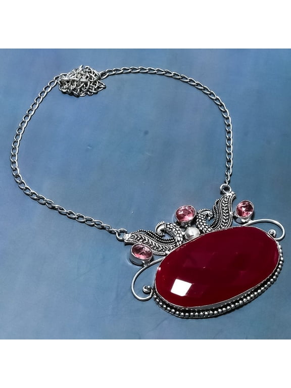 Ruby(Simulated) Kunzite Gemstone 925 Sterling Silver Jewelry Necklace 18"