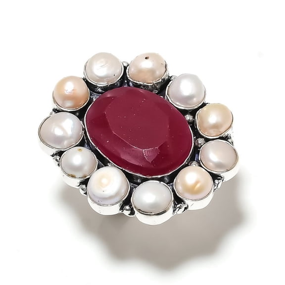 Ruby(Simulated) Pearl Gemstone 925 Sterling Silver Jewelry Ring Size 10