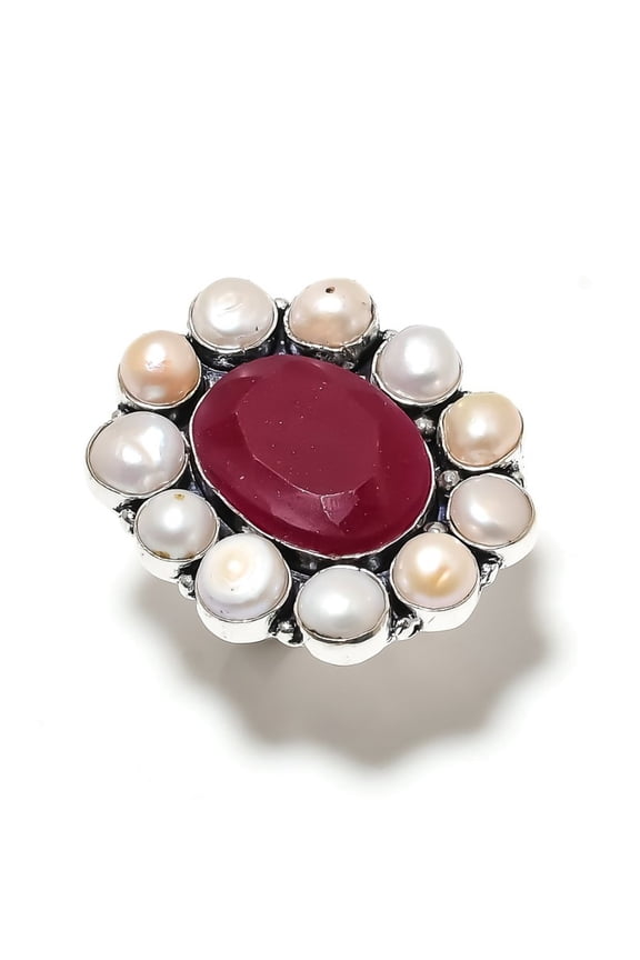 Ruby(Simulated), Pearl Gemstone Handmade 925 Sterling Silver Jewelry Ring Size 8