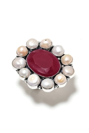 Ruby(Simulated), Pearl Gemstone Handmade 925 Sterling Silver Ring Size 9