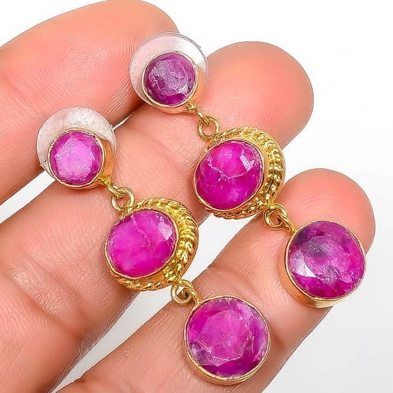 Ruby (Simulated) Silver 18k Yellow Gold Plated Earring 1.56" E7624-798, Gemstone Silver Jewelry, New Year Sale, Valentin's Day Gift