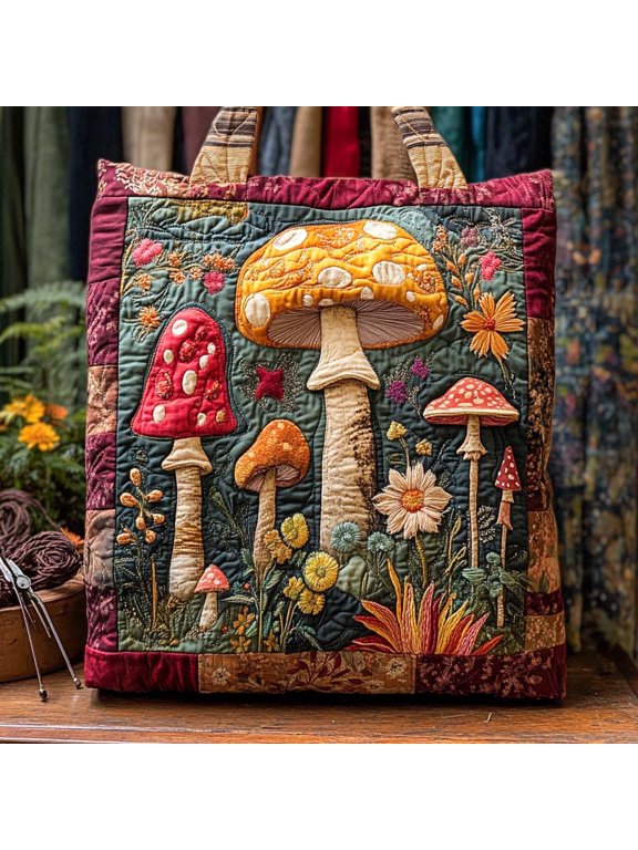 Ruby Stem Mushroom Garden Quilted Tote Bag, Mushroom Shoulder Bag, Cottagecore Gift, Padded Cotton Tote, Everyday Carry Bag