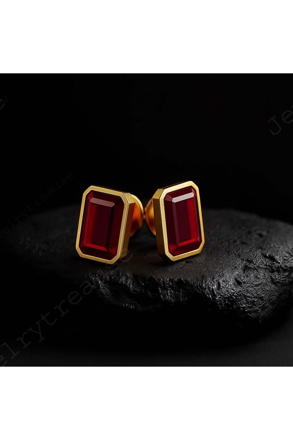 Ruby Stud Earrings, Emerald Cut Red Gemstone Earrings, 14K GoldPlated Minimalist Jewelry, July Birthstone Gift for Her, Fine Luxury Earrings