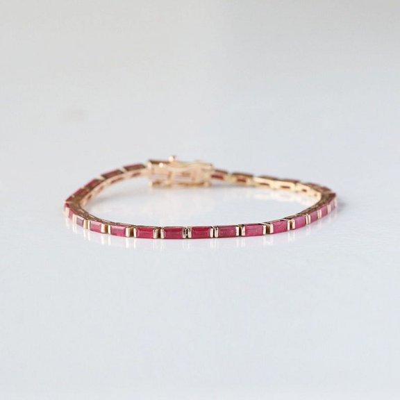 Ruby Tennis Bracelet,14k Gold Half Bezel Set, Wedding Jewelry, Anniversary Gift for Women