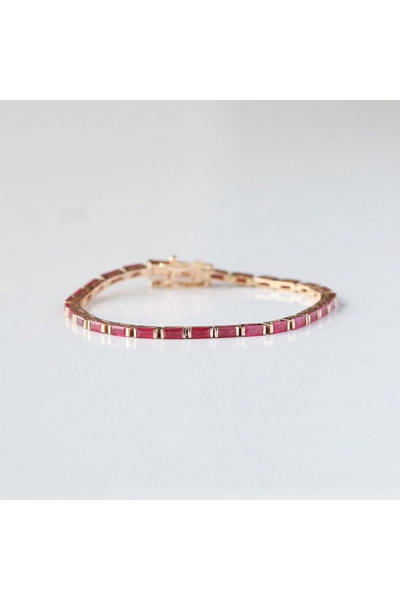 Ruby Tennis Bracelet,14k Gold Half Bezel Set, Wedding Jewelry, Anniversary Gift for Women