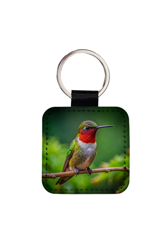 Ruby Throated Hummingbird Backyard Bird Faux Leather Square Keychain