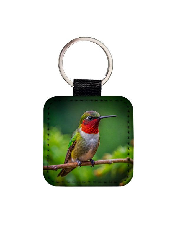 Ruby Throated Hummingbird Backyard Bird Faux Leather Square Keychain
