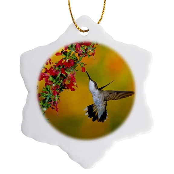 3drose, Ruby-throated Hummingbird Female on Lady-in-red Salvia, 3 inch Snowflake Porcelain Ornament