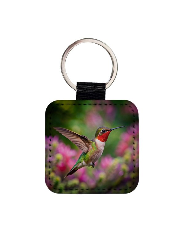 Ruby Throated Hummingbird Flying Backyard Bird Faux Leather Square Keychain