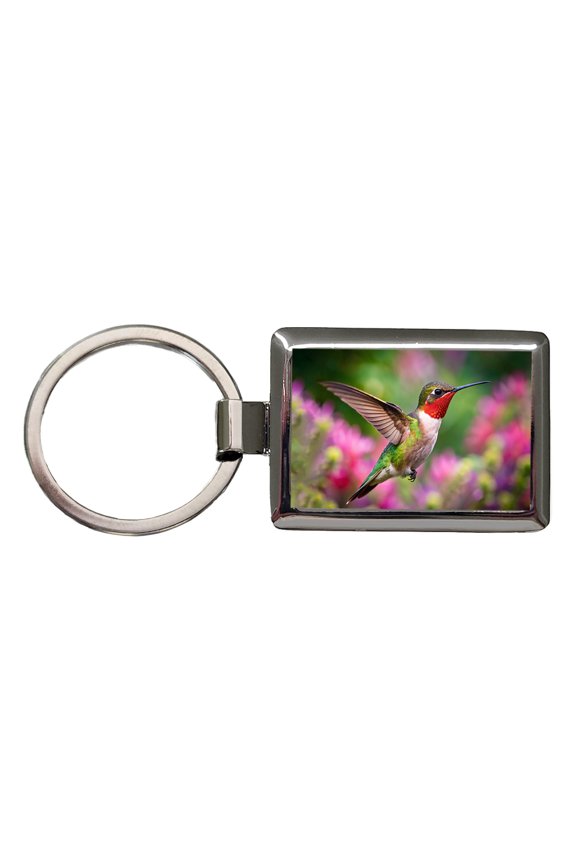 Ruby Throated Hummingbird Flying Backyard Bird Metal Rectangle Keychain