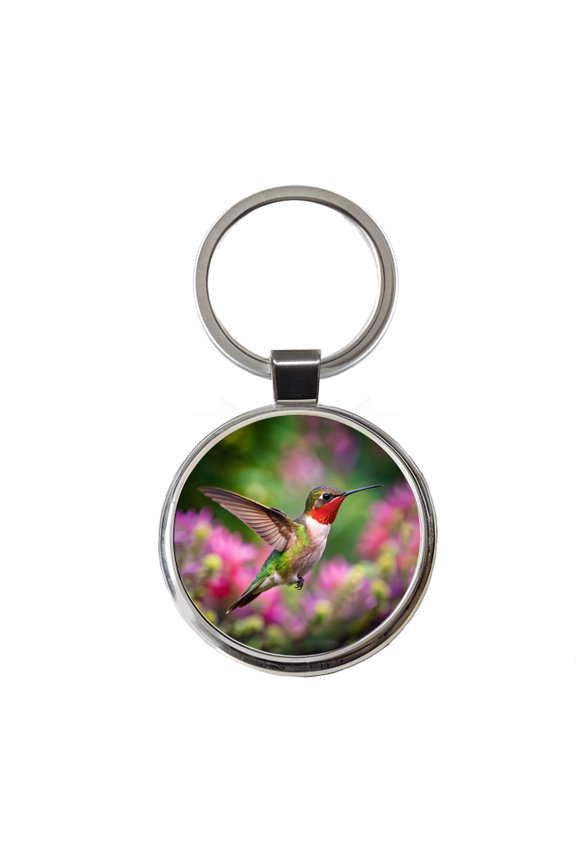 Ruby Throated Hummingbird Flying Backyard Bird Metal Round Keychain