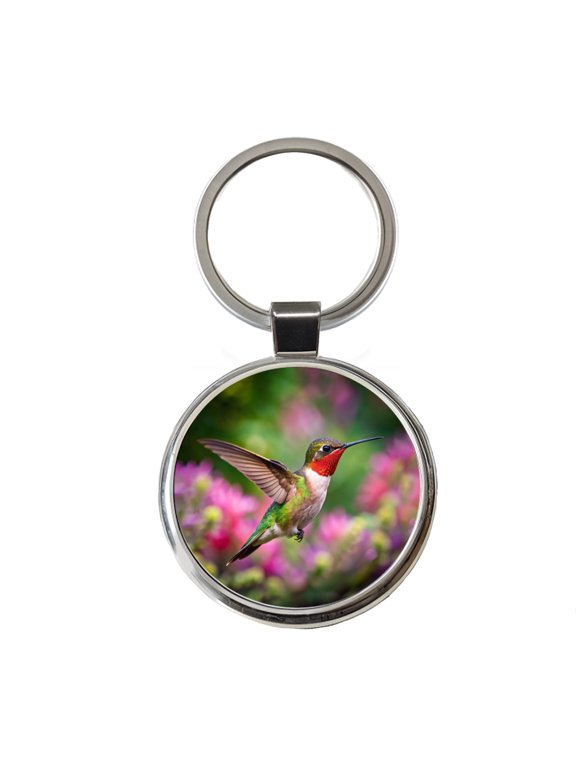 Ruby Throated Hummingbird Flying Backyard Bird Metal Round Keychain