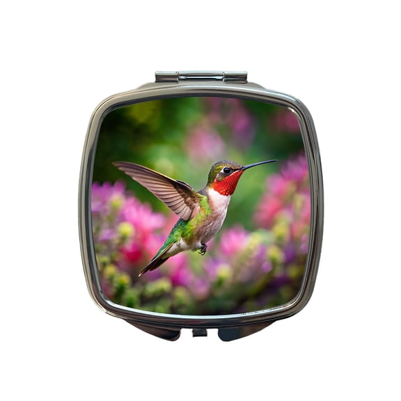 Ruby Throated Hummingbird Flying Backyard Bird Travel Makeup Handbag Purse Small Pocket Compact Mirror