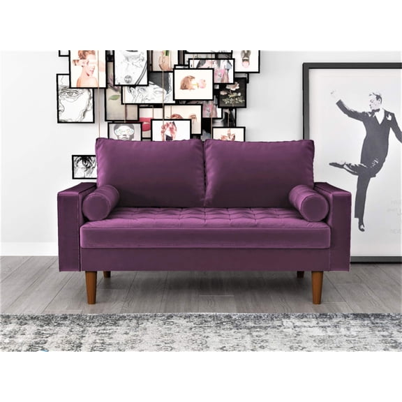 Ruby Velvet Loveseat With Button Tufted Seat, Square Arms, Splayed Wood Legs And Matching Bolster Pillows