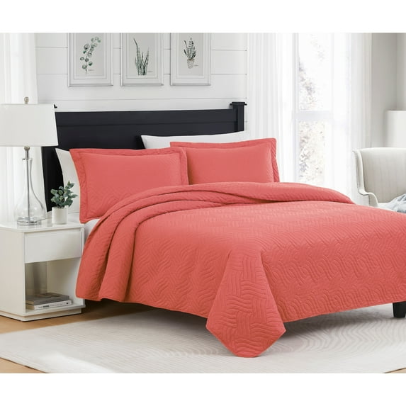 Ruby Waves Microfiber Quilt Set Coral - Queen