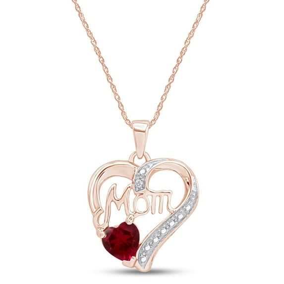 AFFY Ruby & White Diamond Accents MOM Heart Pendant Pendant Necklace in 925 Rose Gold Over Sterling Silver