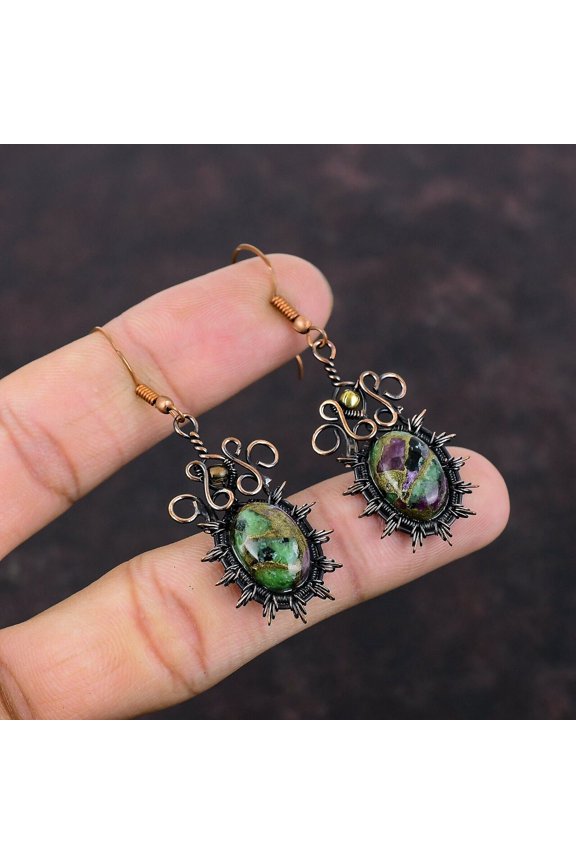 Ruby Zoisite Jewelry Copper Bestie Gift Wire Wrapped Drop/Dangle Earrings 2.24"