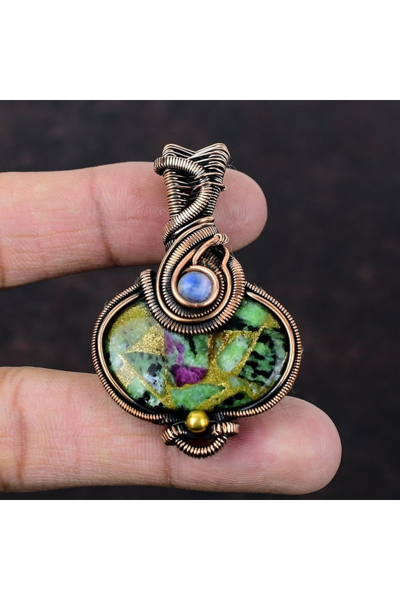 Ruby Zoisite Wire Wrapped Pendant Handcrafted Copper Holiday 2.28"