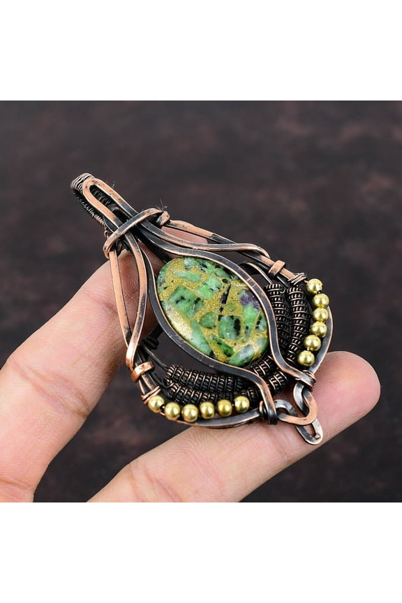 Ruby Zoisite Wire Wrapped Pendant Handcrafted Copper Unique Jewelry 3.39"