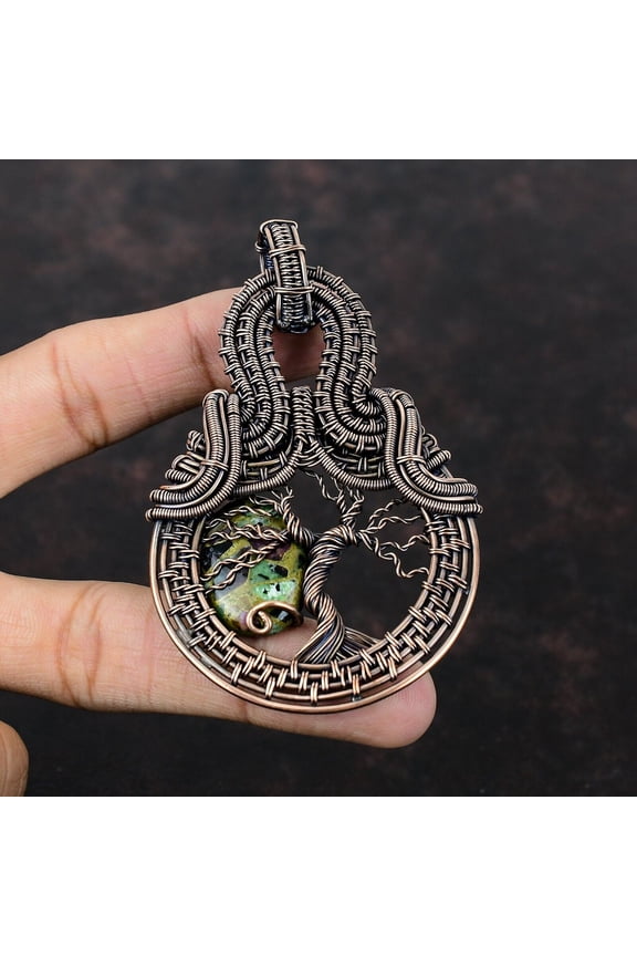 Ruby Zoisite Wire Wrapped Tree Of Life Pendant Handcrafted Copper Designer 3.54"