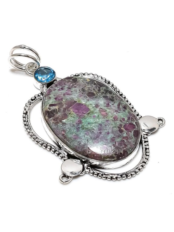 Ruby in Zoisite,Blue Topaz Handmade 925 Silver Pendant 3.03"