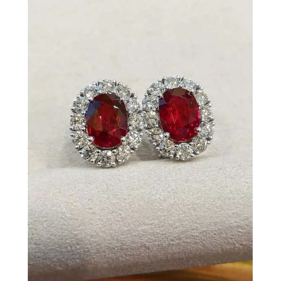Ruby and Diamond Halo Stud Earrings in 925 Sterling Silver