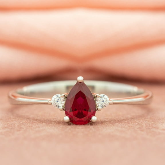 Ruby and Diamond Ring | Pear Cut Vintage Ruby Ring | 14K White Gold Plated Silver Ring | July Birthstone Ring | Unique Ruby Stackable Ring |