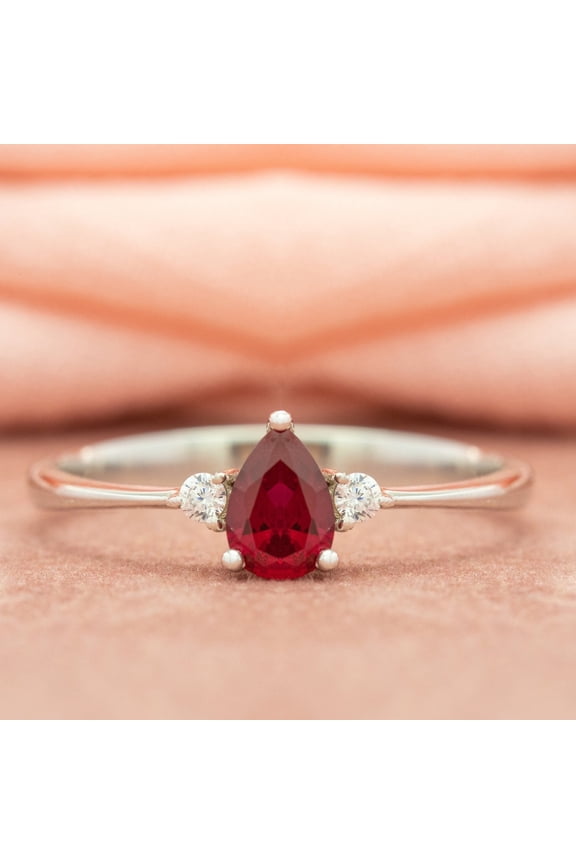 Ruby and Diamond Ring | Pear Cut Vintage Ruby Ring | 14K White Gold Plated Silver Ring | July Birthstone Ring | Unique Ruby Stackable Ring |