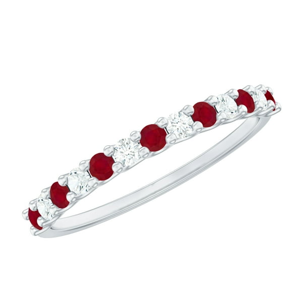 Rosec Jewels Natural Ruby and Diamond Ring - AAA Quality Ruby Half Eternity Stackable Ring - Ready to Gift with Jewelry Box, 14K White Gold, US 6.00