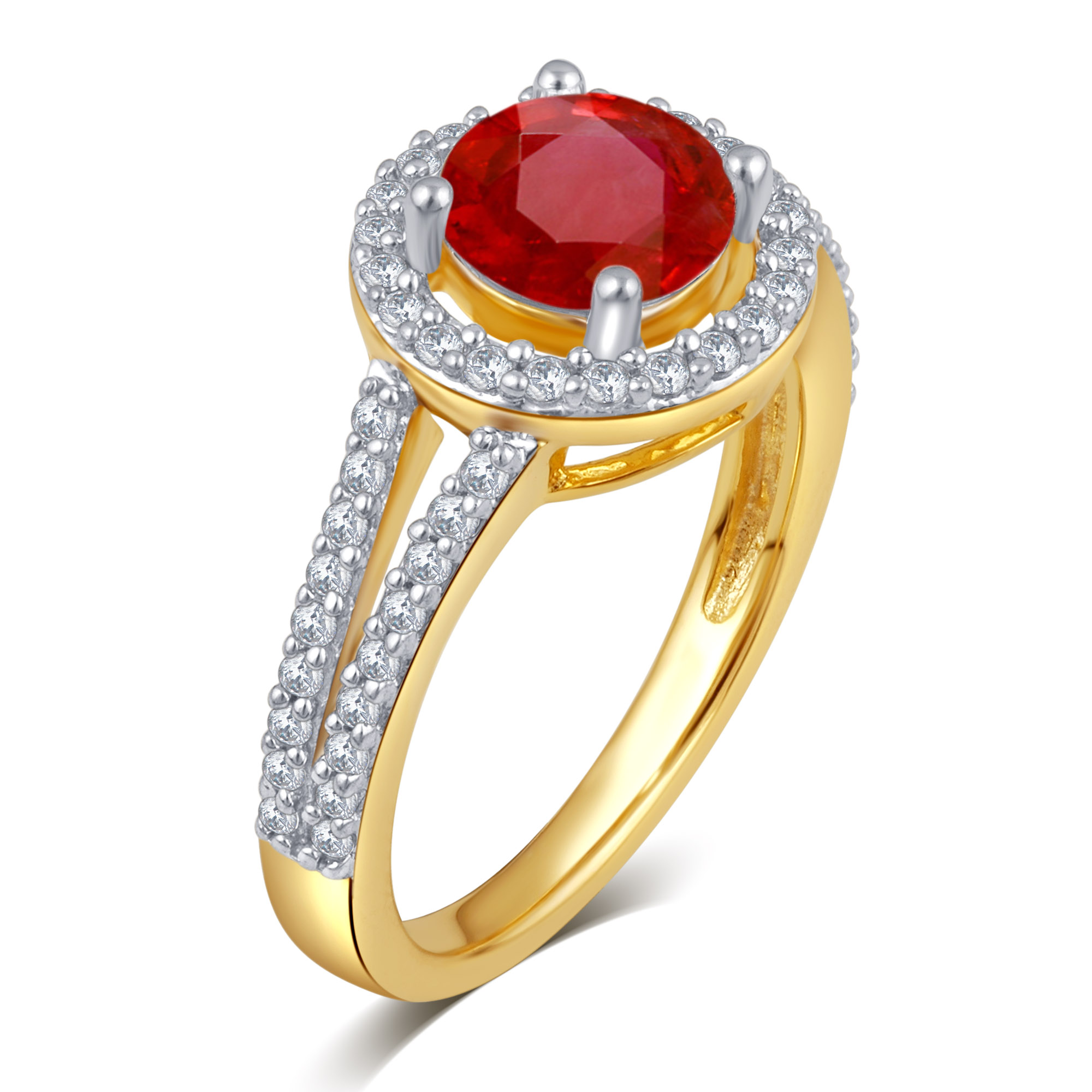 Ruby and White Sapphire Halo Birthstone Ring in Sterling Silver