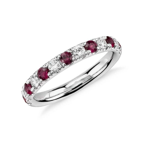 Ruby and simulated diamond Ring, Dainty Stacking Ring, Round Ruby Band, Unique Stackable Ring, Half Eternity Ring, Matching Band, Gift for Women