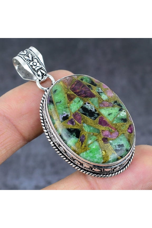 Ruby in Zoisite Gemstone Handmade 925 Sterling Silver Pendant 2.17"