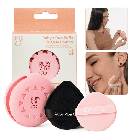 RUBY VIBE CO Ruby's Duo Puffs & Case Combo, Triangle Powder Puff and Makeup Puff Set with Silicone Case for Face Powder and Liquid Makeup