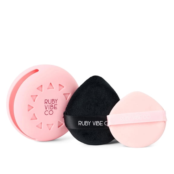 RUBY VIBE CO Ruby's Duo Puffs & Case Combo, Triangle Powder Puff and Makeup Puff Set with Silicone Case for Face Powder and Liquid Makeup
