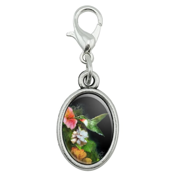 Ruby's Hummingbird Flower Garden Antiqued Bracelet Pendant Zipper Pull Oval Charm with Lobster Clasp