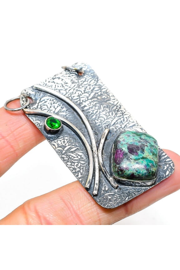 Ruby in Fuchsite, Diopside Gemstone 925 Sterling Silver Jewelry Pendant 2.44"