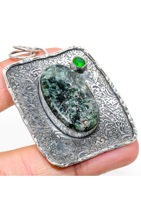 Ruby in Fuchsite, Diopside Gemstone 925 Sterling Silver Jewelry Pendant 2.48"