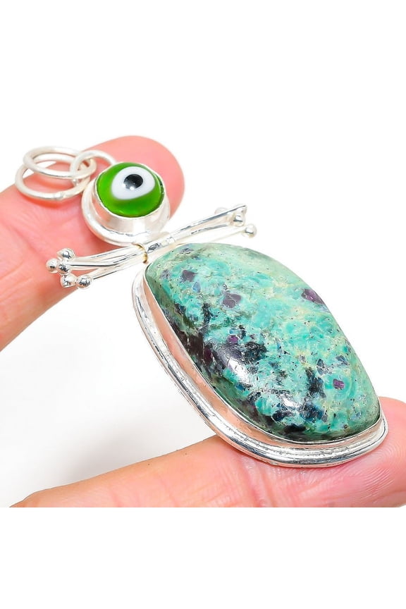 Ruby in Fuchsite, Evil Eye Gemstone 925 Sterling Silver Jewelry Pendant 2.84"