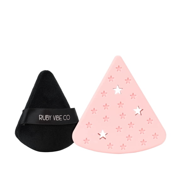 RubyVelvet Powder Puff with Silicone Case, Ultra-Soft Crystal Velvet, Black Puff with Pink Case, Latex-Free, for Loose or Pressed Powder Application | RUBY VIBE CO