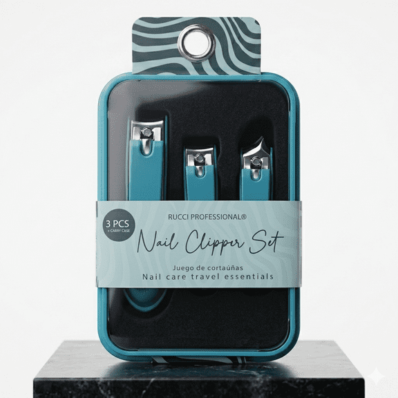 Rucci Professional 3-Piece Travel Nail Clipper Set with Case (Teal)