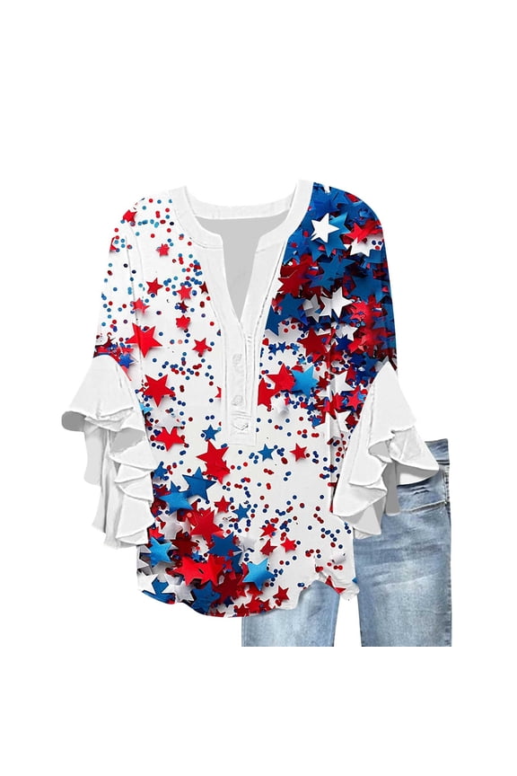 Ruched 3/4 Length Sleeve Tops for Women USA Flag Star Patriotic T-Shirts Independence Day Tee Shirts Pleated Hem Flowy Tunic Blouses USA Flag Star Printed Beach Vacation Clothes